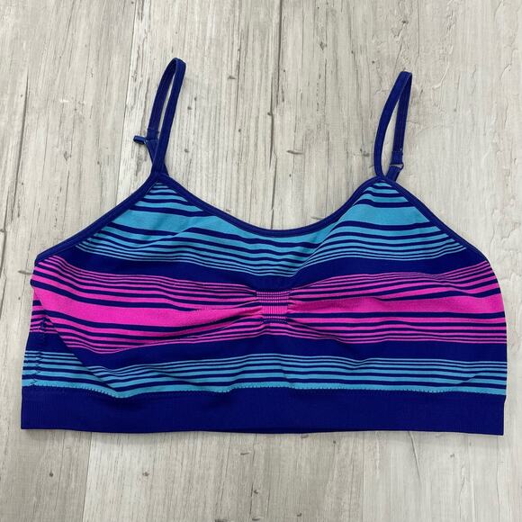 Striped Stretchy Spaghetti Strap Sports Bra Purple Blue Pink Adjustable Straps - Picture 1 of 5